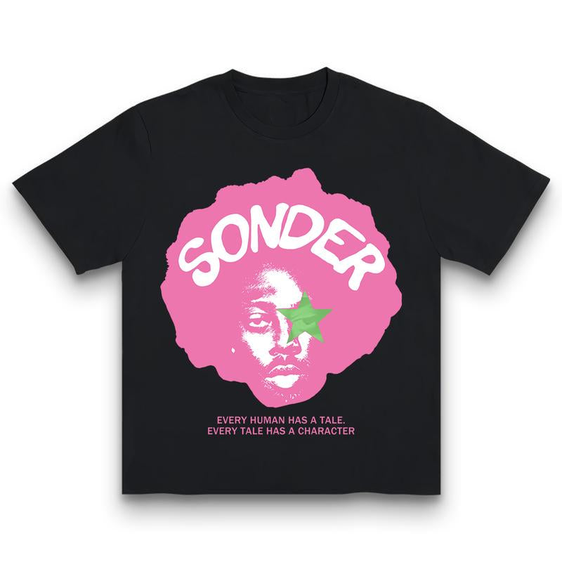 Bold Pink "Sonder" Lettering & Geometric Print Rap Shirt Casual Crewneck Streetwear Made in USA for Women for Men [180G/230G 100% Cotton Short-Sleeve/Hoodie, Soft and Comfortable]