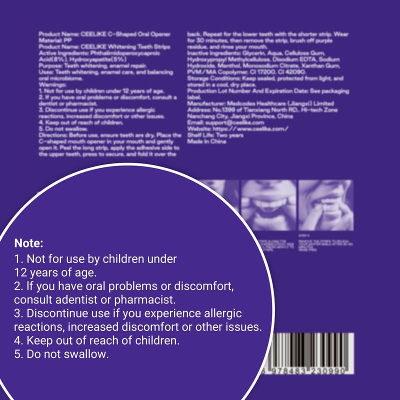 CEELIKE Purple Teeth Whitening Strips with Free Cheek Retractor - 7/21 Whitening Sessions -Nano-Hydroxyapatite Safe for Enamel - Non Sensitive Teeth Whitening - Peroxide-Free