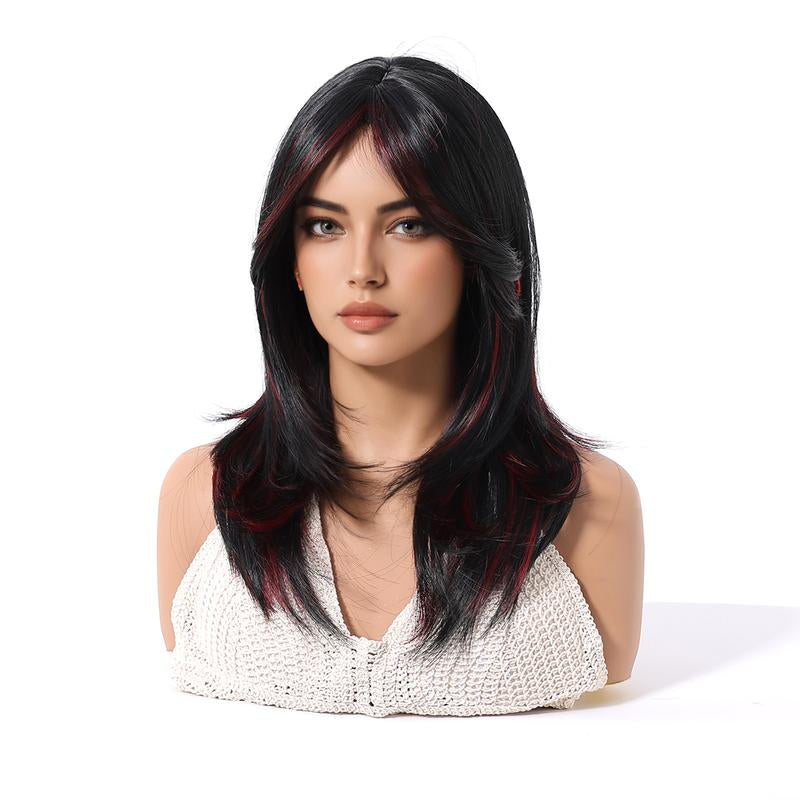 Wiglassic Black Red Highlight Straight Wig 18Inch Straight Black Wig Synthetic Heat Resistant Fiber Wig for Daily Party Halloween Wigs Cosplay