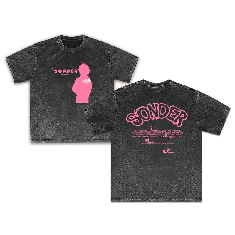 Bold Pink "Sonder" Lettering & Geometric Print Rap Shirt Casual Crewneck Streetwear Made in USA for Women for Men [180G/230G 100% Cotton Short-Sleeve/Hoodie, Soft and Comfortable]