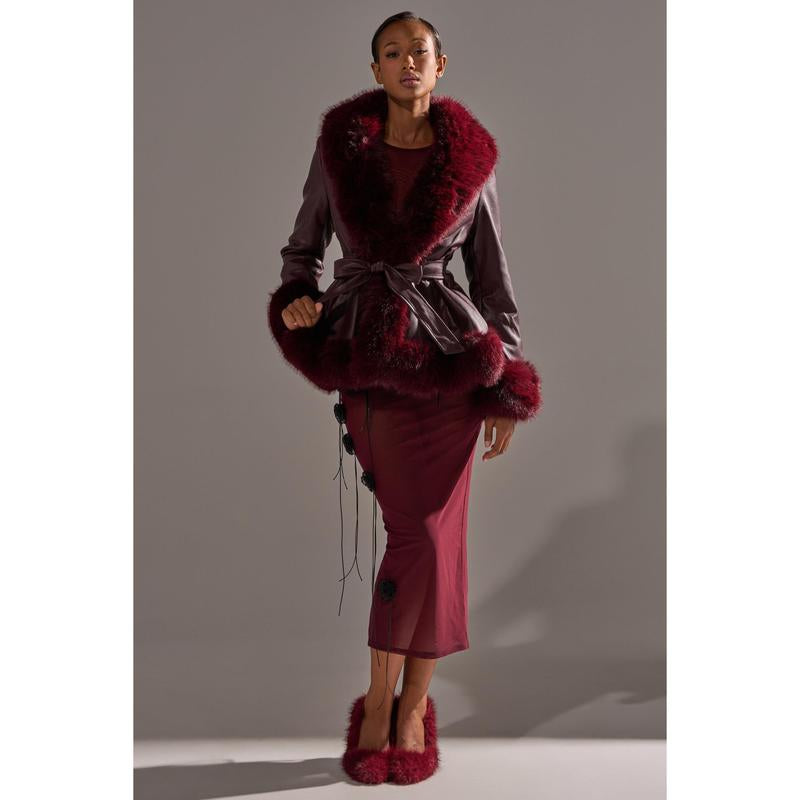 KENZY FUR TRIM MOTO in BURGUNDY