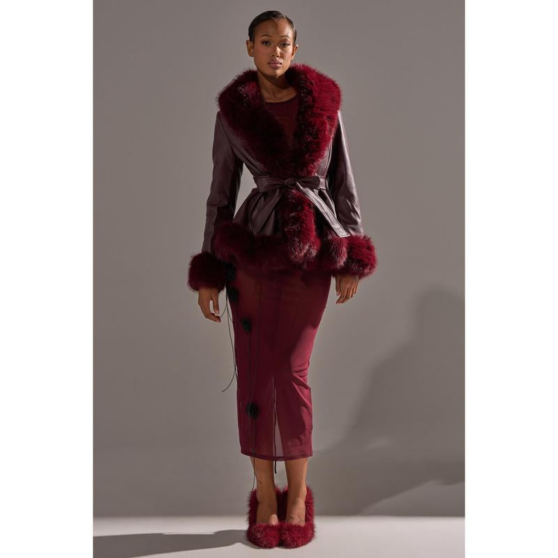 KENZY FUR TRIM MOTO in BURGUNDY