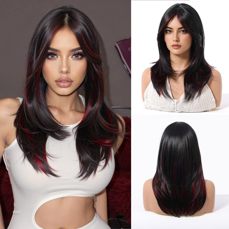 Wiglassic Black Red Highlight Straight Wig 18Inch Straight Black Wig Synthetic Heat Resistant Fiber Wig for Daily Party Halloween Wigs Cosplay