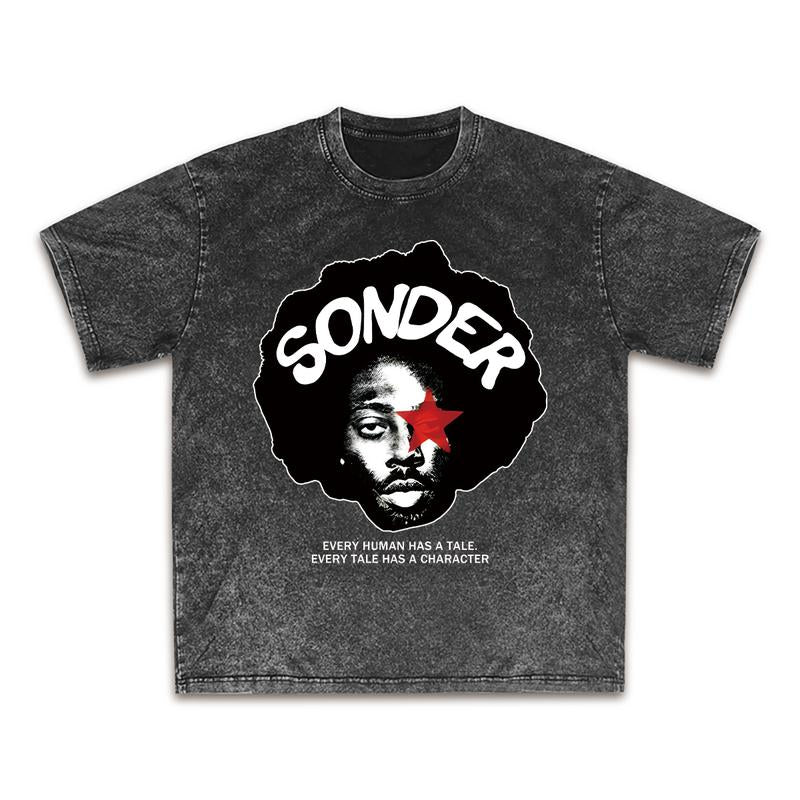 Bold Pink "Sonder" Lettering & Geometric Print Rap Shirt Casual Crewneck Streetwear Made in USA for Women for Men [180G/230G 100% Cotton Short-Sleeve/Hoodie, Soft and Comfortable]