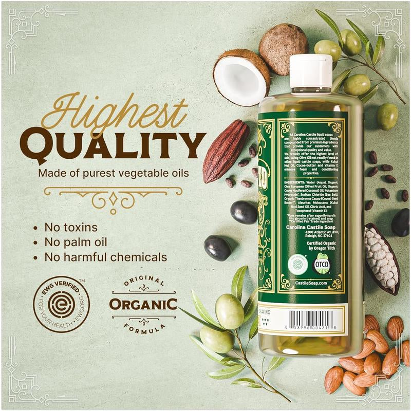 Carolina Liquid Castile Soap | Unscented | EWG Verified | Oregon Tilth Certified Organic | Shampoo Body Wash & Hand Soap