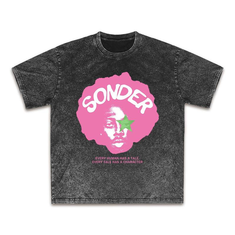 Bold Pink "Sonder" Lettering & Geometric Print Rap Shirt Casual Crewneck Streetwear Made in USA for Women for Men [180G/230G 100% Cotton Short-Sleeve/Hoodie, Soft and Comfortable]