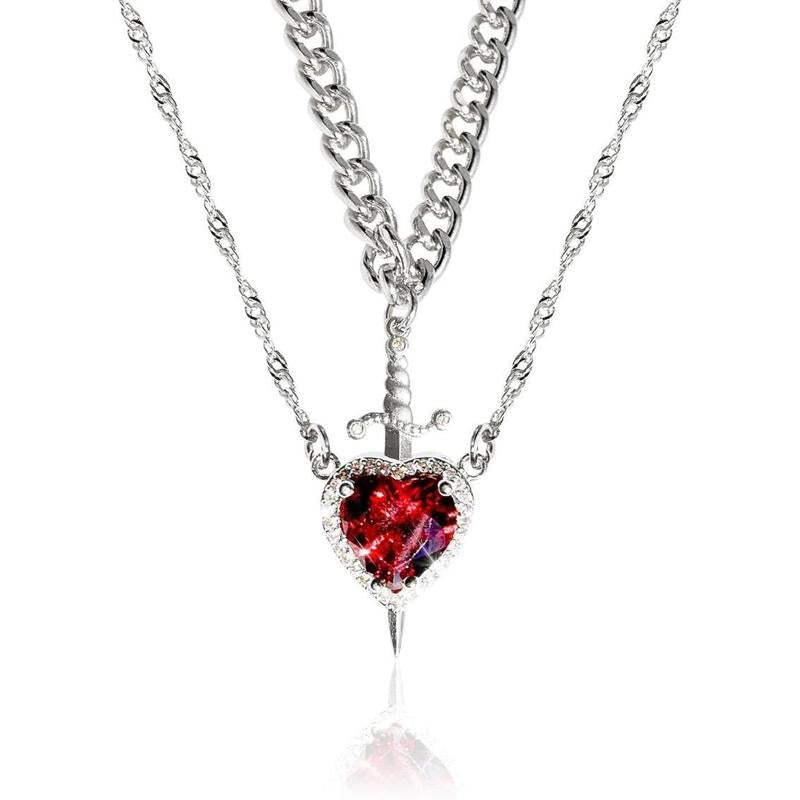 Romantic Sword Pierced Heart Necklace - Gold Chain Trendy Jewelry with Red Crystal Pendant, Perfect Valentine'S Day Gift for Best Friend or Lover