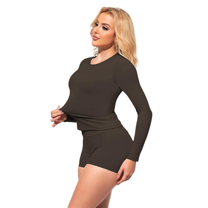 Yizhen Sports All Day Stretch Gym Set High Waisted Shorts & Long Sleeve Top for Yoga & Lounge Ultra High Elasticity Butter Soft Sculpt Set for Women Versatile Wear Sculpting Fitness Thigh Slimmer Short