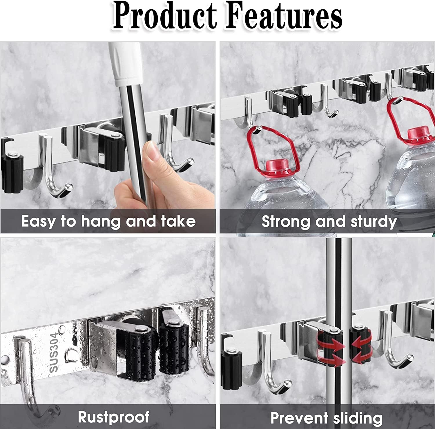 5 Holders+4 Hooks Broom Holder Wall Mounted with Nails Installation, Heavy Duty Stainless Steel Mop Holder, Brush Mop and Broom Storage Self Adhesive