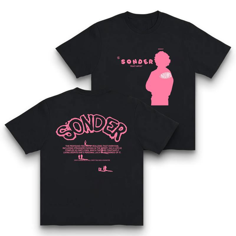 Bold Pink "Sonder" Lettering & Geometric Print Rap Shirt Casual Crewneck Streetwear Made in USA for Women for Men [180G/230G 100% Cotton Short-Sleeve/Hoodie, Soft and Comfortable]