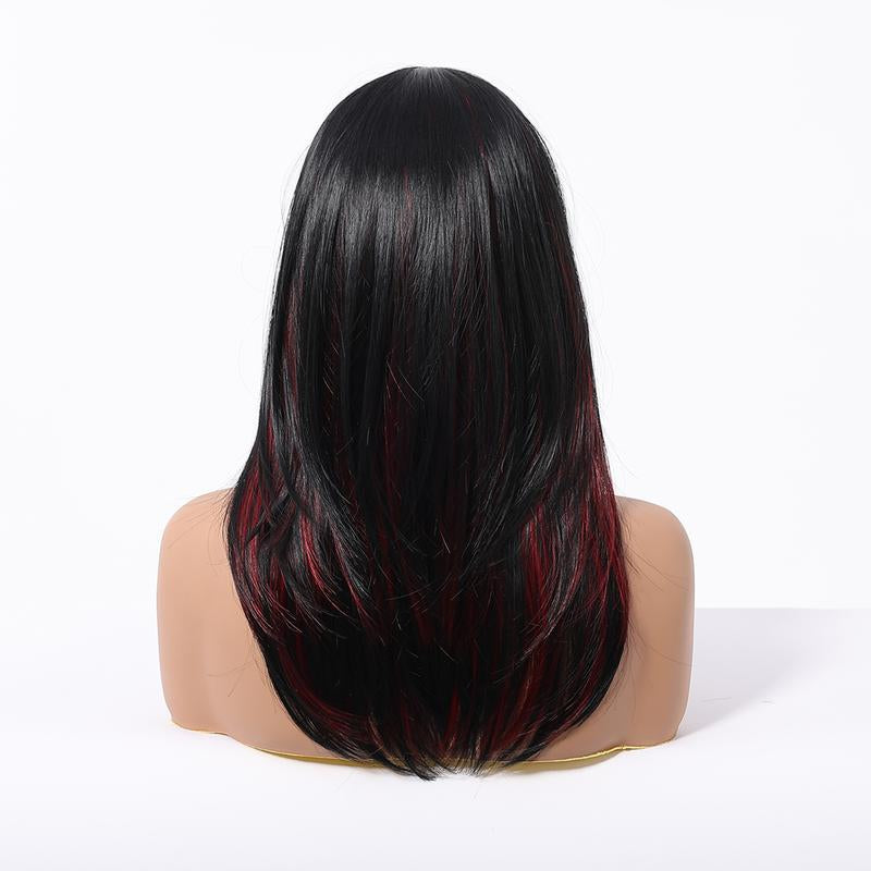 Wiglassic Black Red Highlight Straight Wig 18Inch Straight Black Wig Synthetic Heat Resistant Fiber Wig for Daily Party Halloween Wigs Cosplay