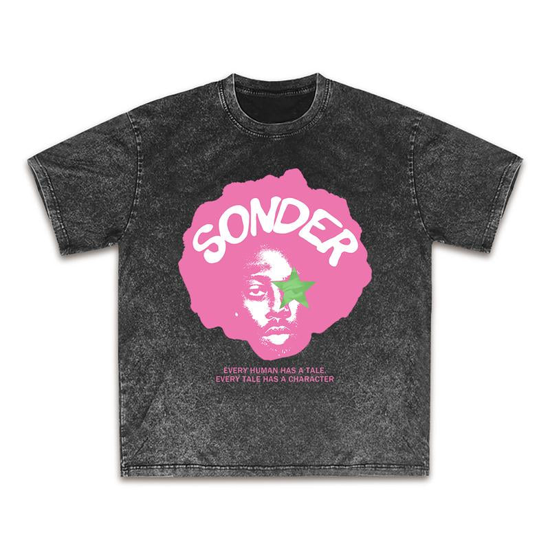 Bold Pink "Sonder" Lettering & Geometric Print Rap Shirt Casual Crewneck Streetwear Made in USA for Women for Men [180G/230G 100% Cotton Short-Sleeve/Hoodie, Soft and Comfortable]
