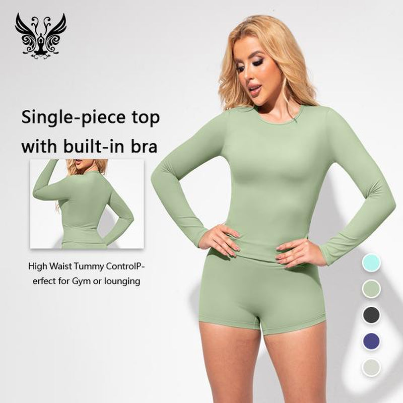 Yizhen Sports All Day Stretch Gym Set High Waisted Shorts & Long Sleeve Top for Yoga & Lounge Ultra High Elasticity Butter Soft Sculpt Set for Women Versatile Wear Sculpting Fitness Thigh Slimmer Short