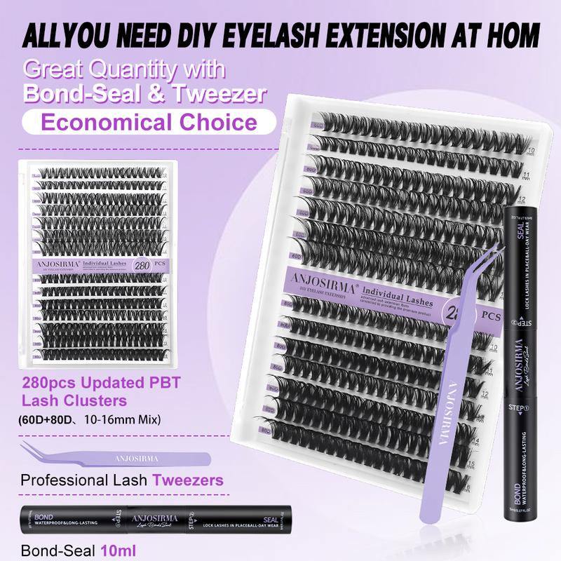 ANJOSIRMA Lash Extension Kit DIY 280Pcs Lash Clusters Eyelash Extension Kit, 9-16Mm 30D 40D Individual Lashes Kit with Lash Bond and Seal, Lash Tweezers