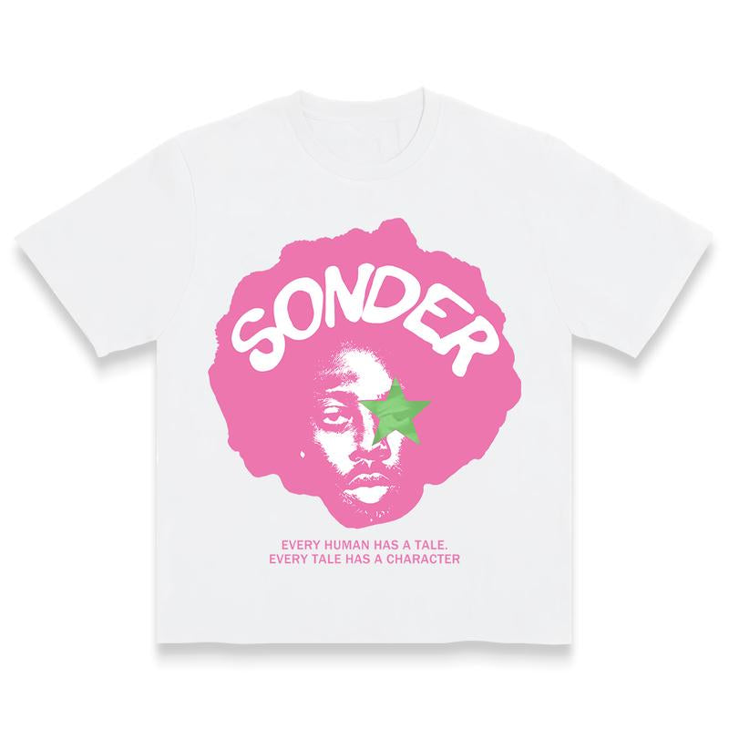 Bold Pink "Sonder" Lettering & Geometric Print Rap Shirt Casual Crewneck Streetwear Made in USA for Women for Men [180G/230G 100% Cotton Short-Sleeve/Hoodie, Soft and Comfortable]