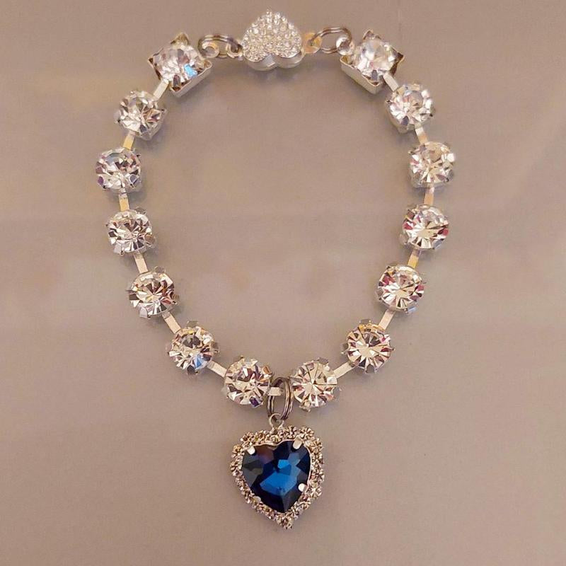 Royal Jewel Collection Pet Collar Blue Diamond Heart Necklace Magnetic Breakaway Safe with Crystal Diamonds for Small Dogs Cats