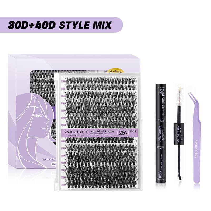 ANJOSIRMA Lash Extension Kit DIY 280Pcs Lash Clusters Eyelash Extension Kit, 9-16Mm 30D 40D Individual Lashes Kit with Lash Bond and Seal, Lash Tweezers