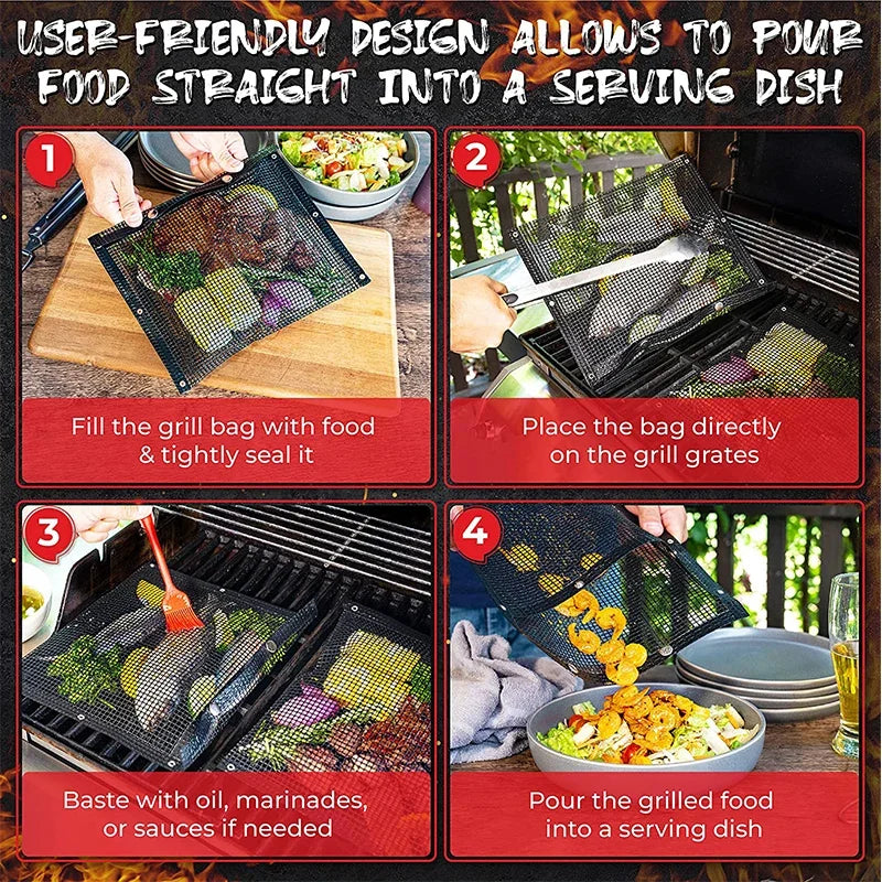 Mesh Grill Bags Reusable Non-Stick BBQ Barbecue Bags for Charcoal Gas Smokers BBQ Veggie Grill Bags