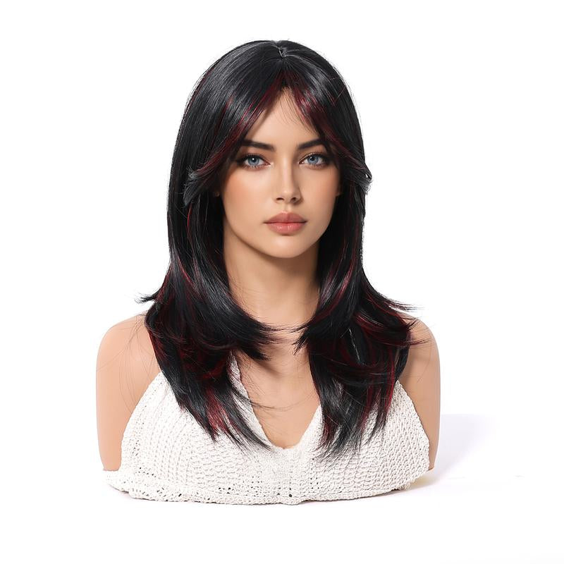 Wiglassic Black Red Highlight Straight Wig 18Inch Straight Black Wig Synthetic Heat Resistant Fiber Wig for Daily Party Halloween Wigs Cosplay