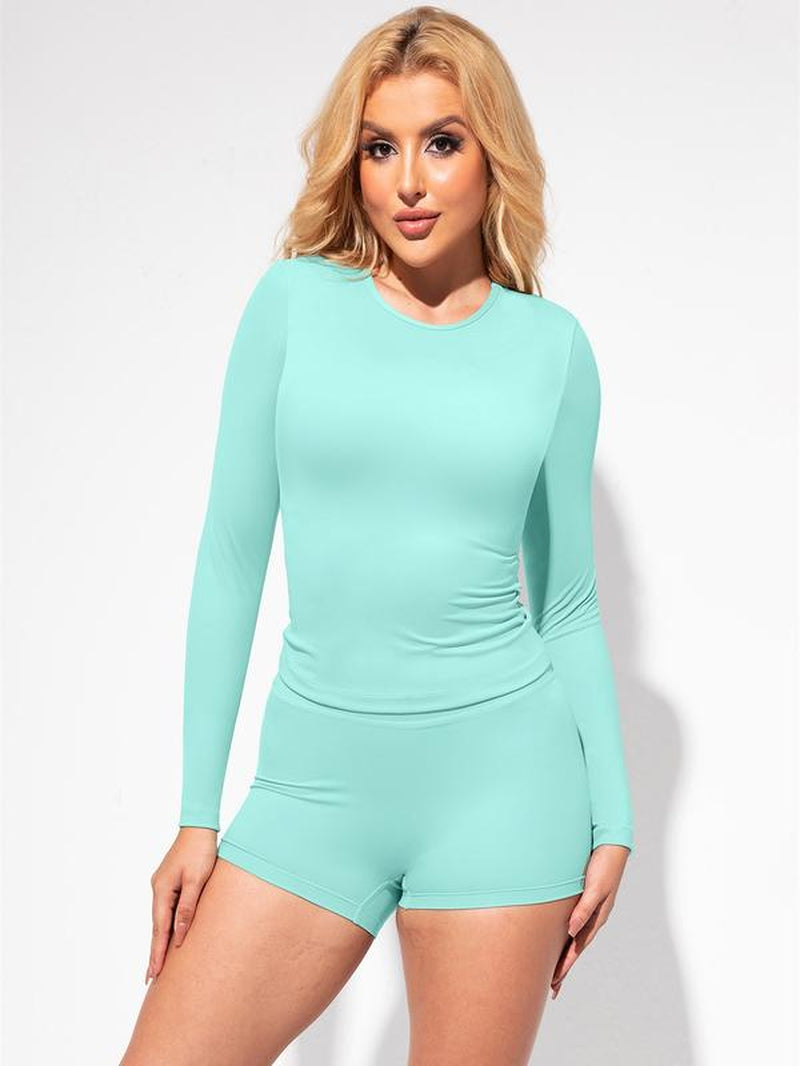Yizhen Sports All Day Stretch Gym Set High Waisted Shorts & Long Sleeve Top for Yoga & Lounge Ultra High Elasticity Butter Soft Sculpt Set for Women Versatile Wear Sculpting Fitness Thigh Slimmer Short