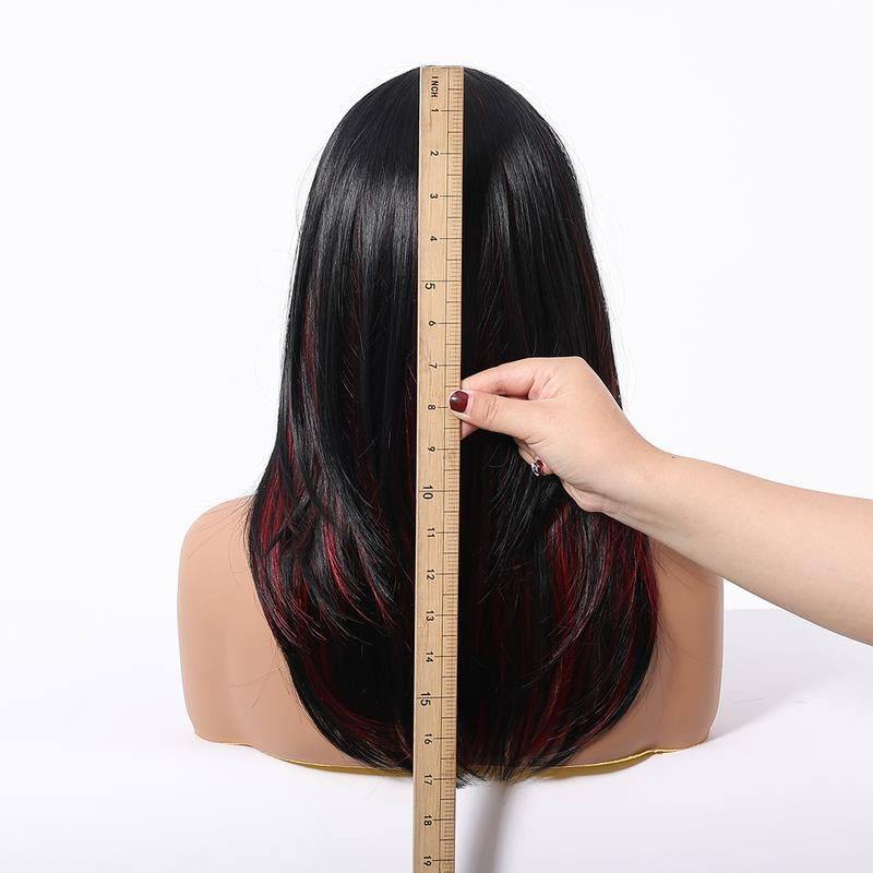 Wiglassic Black Red Highlight Straight Wig 18Inch Straight Black Wig Synthetic Heat Resistant Fiber Wig for Daily Party Halloween Wigs Cosplay