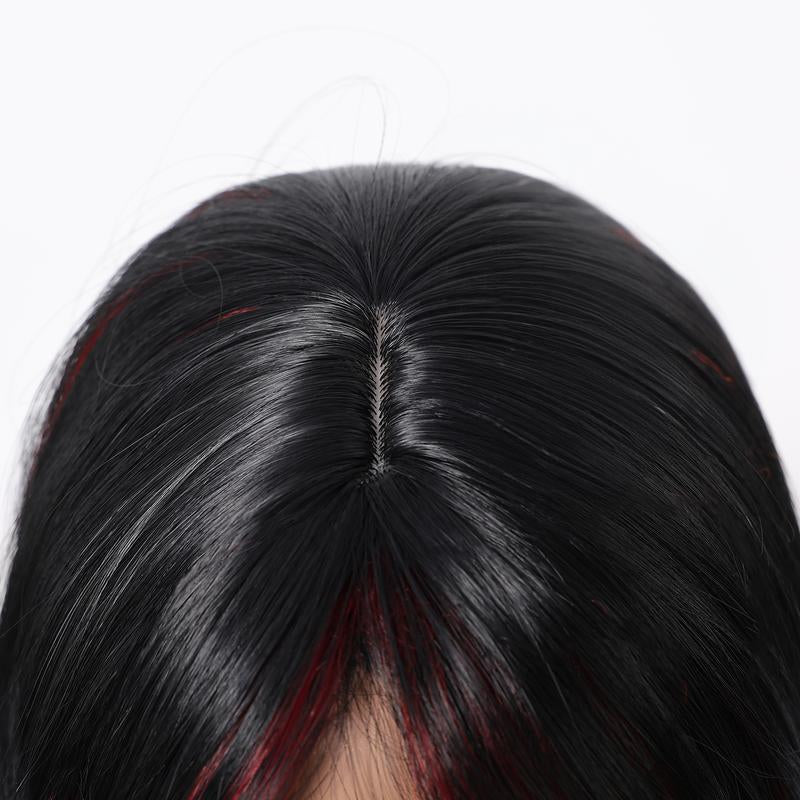 Wiglassic Black Red Highlight Straight Wig 18Inch Straight Black Wig Synthetic Heat Resistant Fiber Wig for Daily Party Halloween Wigs Cosplay