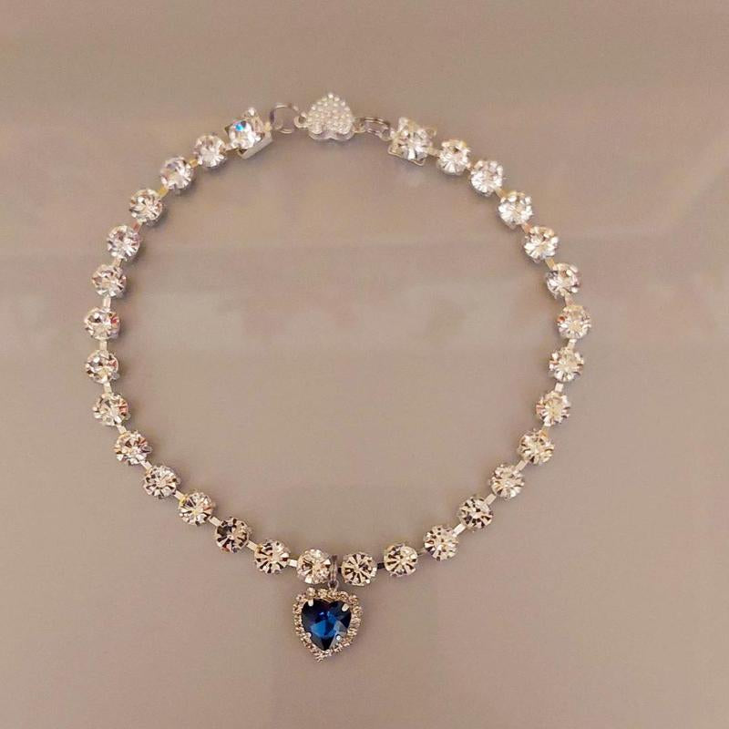 Royal Jewel Collection Pet Collar Blue Diamond Heart Necklace Magnetic Breakaway Safe with Crystal Diamonds for Small Dogs Cats