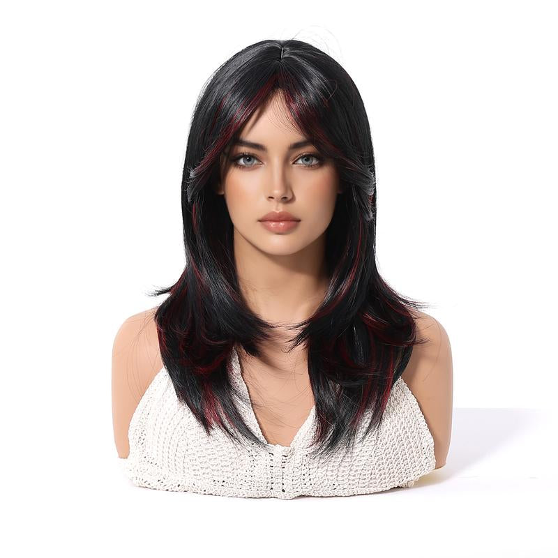 Wiglassic Black Red Highlight Straight Wig 18Inch Straight Black Wig Synthetic Heat Resistant Fiber Wig for Daily Party Halloween Wigs Cosplay
