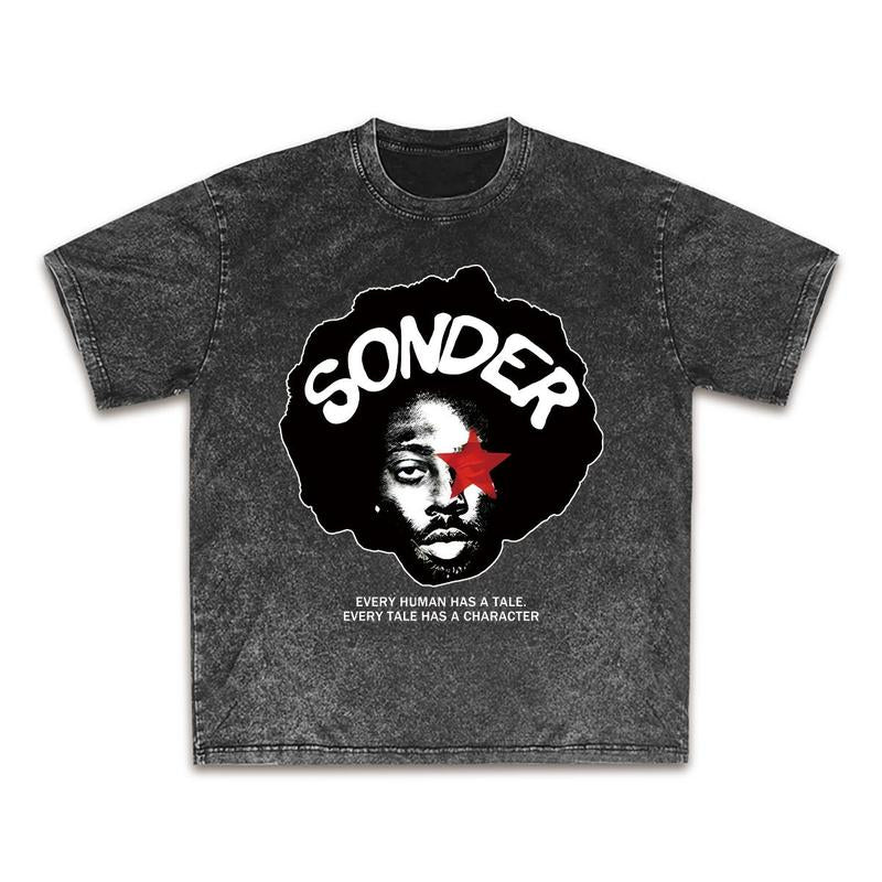 Bold Pink "Sonder" Lettering & Geometric Print Rap Shirt Casual Crewneck Streetwear Made in USA for Women for Men [180G/230G 100% Cotton Short-Sleeve/Hoodie, Soft and Comfortable]