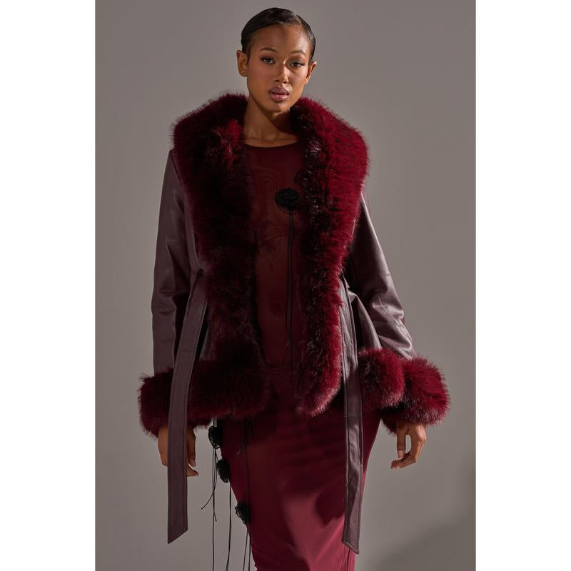 KENZY FUR TRIM MOTO in BURGUNDY
