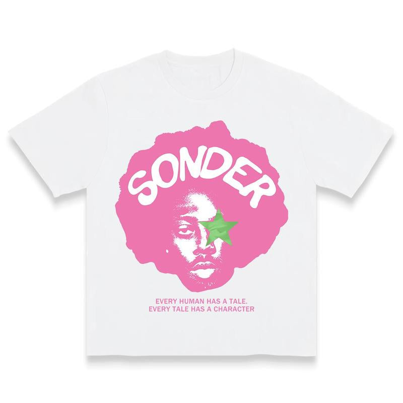Bold Pink "Sonder" Lettering & Geometric Print Rap Shirt Casual Crewneck Streetwear Made in USA for Women for Men [180G/230G 100% Cotton Short-Sleeve/Hoodie, Soft and Comfortable]