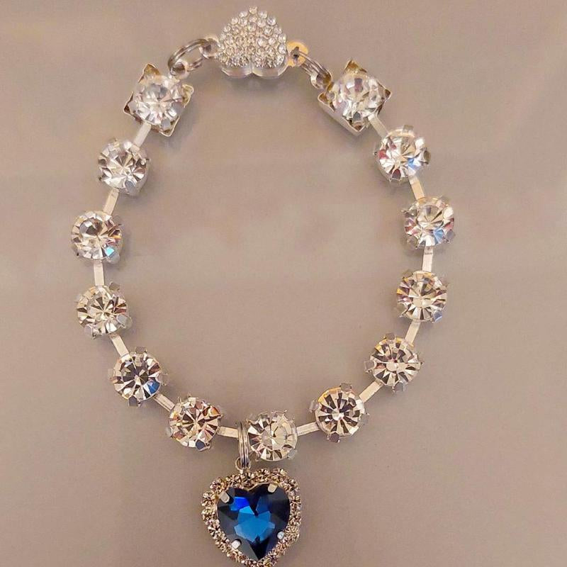 Royal Jewel Collection Pet Collar Blue Diamond Heart Necklace Magnetic Breakaway Safe with Crystal Diamonds for Small Dogs Cats