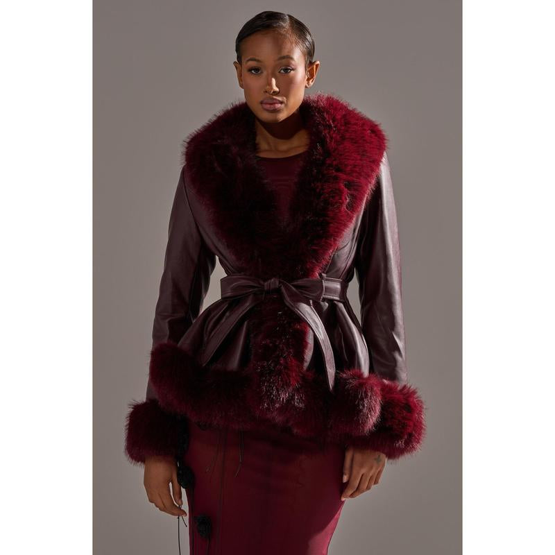 KENZY FUR TRIM MOTO in BURGUNDY