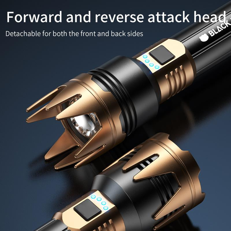 Black Panda-Detachable Window Breaker Tactical Flashlight, 1500 Lumens Rechargeable Outdoor Survival Flashlight, with a Battery Life of 4-7 Hours.