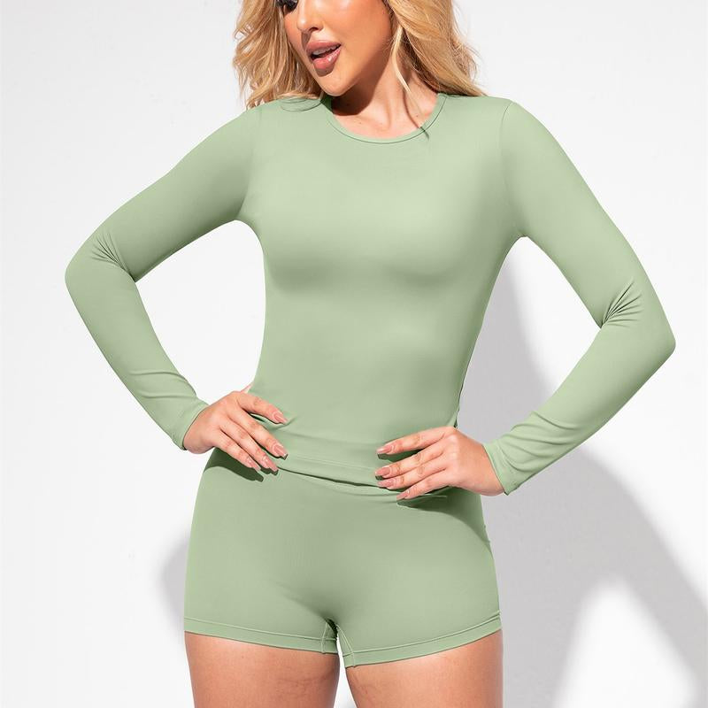 Yizhen Sports All Day Stretch Gym Set High Waisted Shorts & Long Sleeve Top for Yoga & Lounge Ultra High Elasticity Butter Soft Sculpt Set for Women Versatile Wear Sculpting Fitness Thigh Slimmer Short