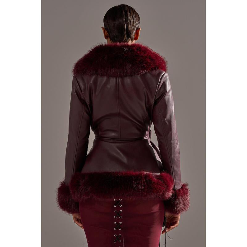 KENZY FUR TRIM MOTO in BURGUNDY