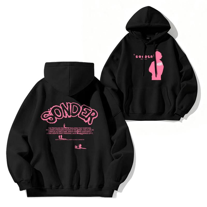 Bold Pink "Sonder" Lettering & Geometric Print Rap Shirt Casual Crewneck Streetwear Made in USA for Women for Men [180G/230G 100% Cotton Short-Sleeve/Hoodie, Soft and Comfortable]