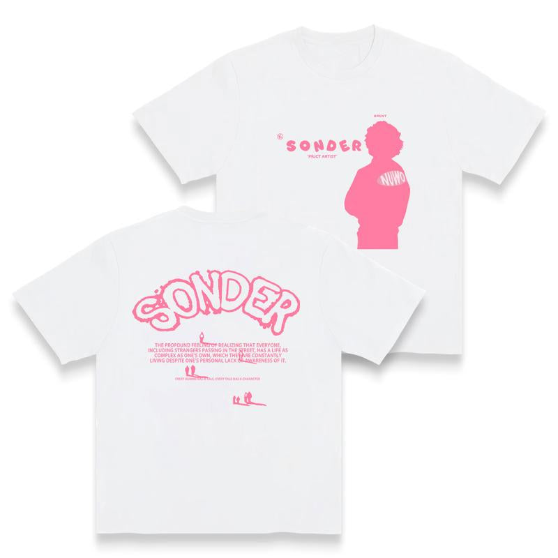 Bold Pink "Sonder" Lettering & Geometric Print Rap Shirt Casual Crewneck Streetwear Made in USA for Women for Men [180G/230G 100% Cotton Short-Sleeve/Hoodie, Soft and Comfortable]